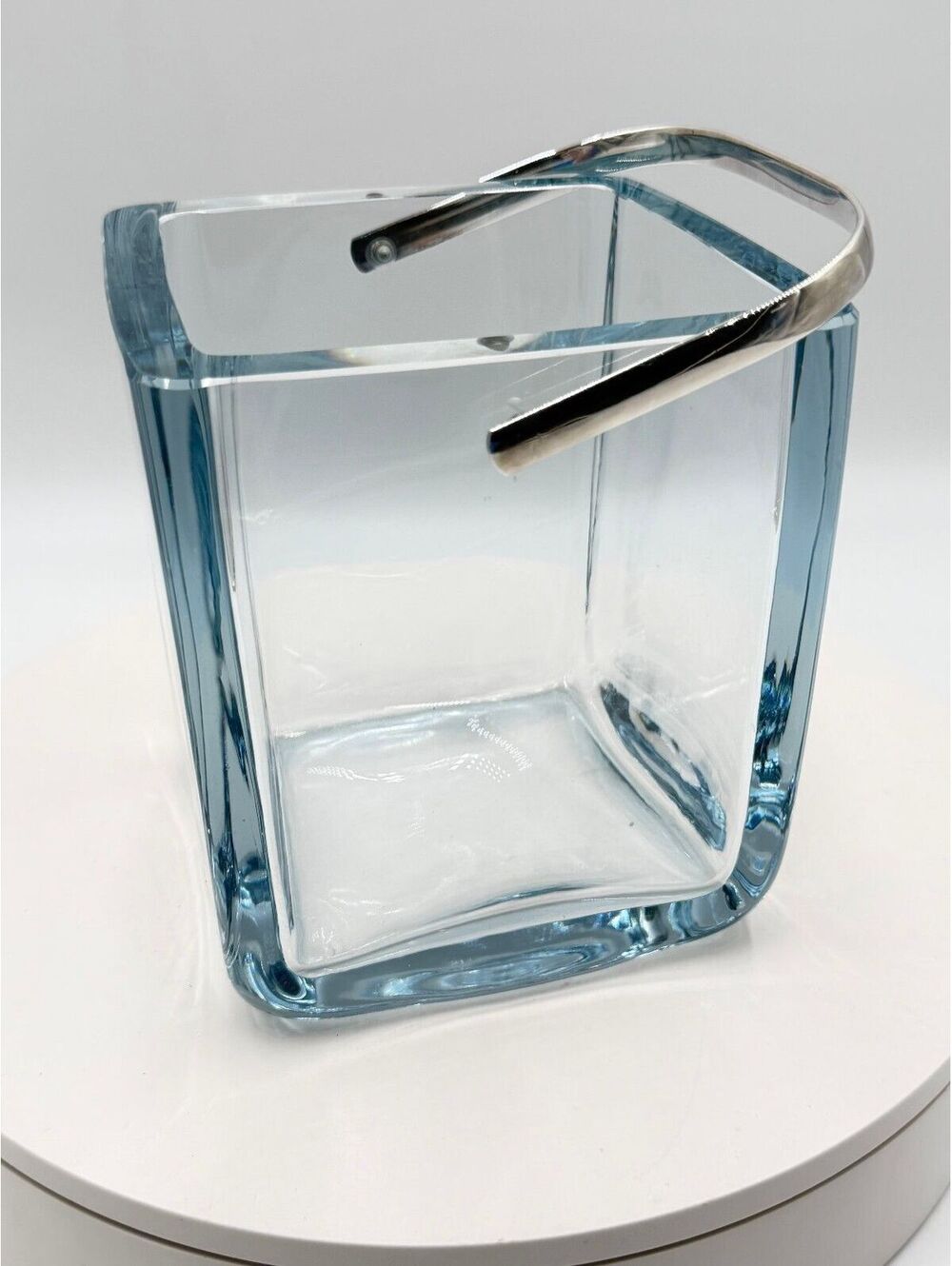 Vintage Cartier Crystal Square Ice Bucket Blue Tinted Glass Silver Handle 5.5x6